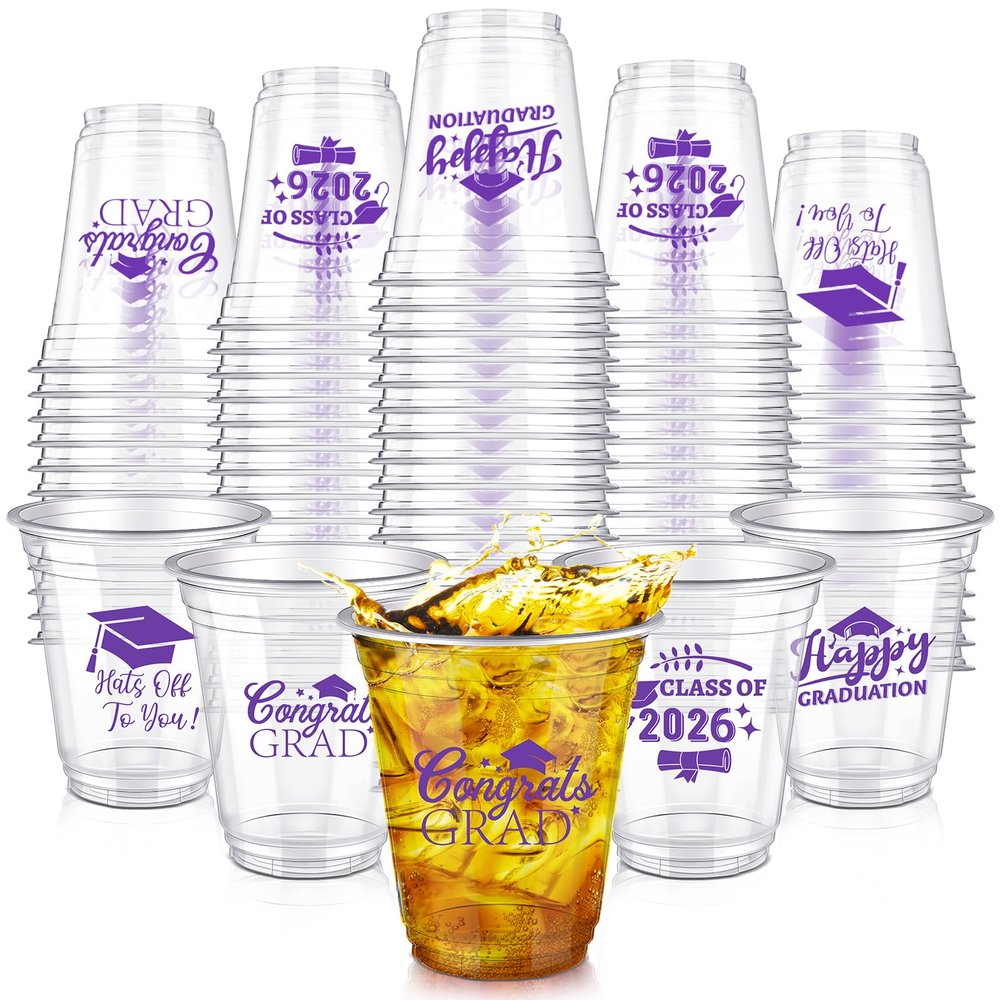 Eaasty 100 Pcs 12oz Graduation Cups 2026 Disposable Plastic Cups for Class of 2026 Graduation Party Congrats Grad Elegant Party Supplies Tableware Decorations (Purple)