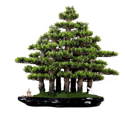 DFONCE Artificial Bonsai Tree - Potted Plant Ornament with Realistic Cypress and Moss, Small Pavilion and Ceramic Villain, Chinese Bonsai for Indoor/Outdoor Decoration