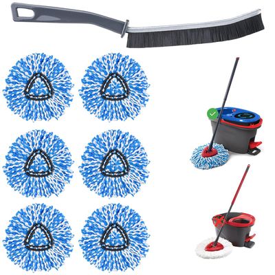 6 Pack Mop Replacement Heads with 1 Base - Deep Cleaning, Microfiber Mop Head Replacement for EasyWring RinseClean 2 Tank System - Durable, Machine Washable and Easy to Replace Spinning Mop Heads