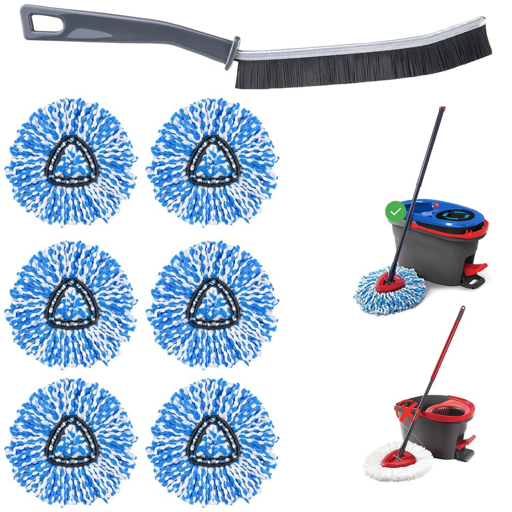 6 Pack Mop Replacement Heads with 1 Base - Deep Cleaning, Microfiber Mop Head Replacement for EasyWring RinseClean 2 Tank System - Durable, Machine Washable and Easy to Replace Spinning Mop Heads