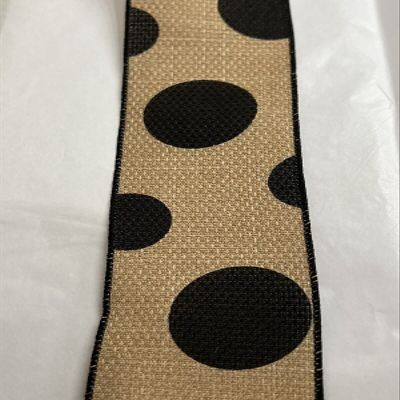 10 Yards 2.5in Wired Beige & Black Large Polka Dot Faux Burlap Ribbon