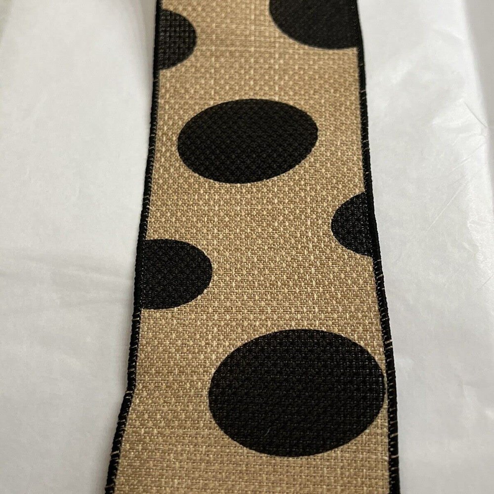 10 Yards 2.5in Wired Beige & Black Large Polka Dot Faux Burlap Ribbon