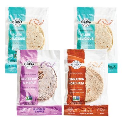 Eureka Tortilla Sweet Variety Pack | Artisanal Tortillas | Plain Delicious, Cinnamon Horchata, Blueberry & Maple | Vegan, Non GMO, Low Calorie | (4 Packs, 8 Per Pack, 32 Total)