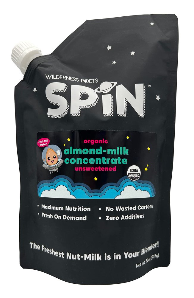 Wilderness Poets SPiN, Organic Almond Milk Concentrate (Unsweetened) - 32 Ounce Squeeze Bag - Makes Up To 4 Gallons of Milk - 1 Ingredient - Make Almond Milk or Non-Dairy Creamer for Coffee, Tea, Lattes, Smoothies and Vegan Desserts