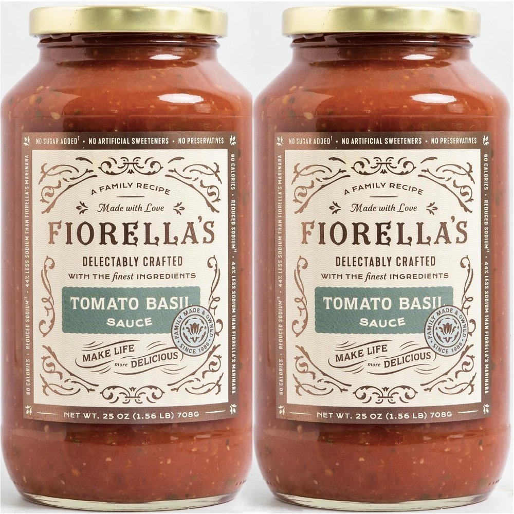 Fiorella's Tomato Basil Pasta Sauce - Tomato Sauce Made with Fresh Ingredients - Seed Oil Free, No Sugar Added, Vegan, Gluten Free, No Preservatives Added, Reduced Sodium, Pasta Sauce, 25 Oz (Pack of 2)