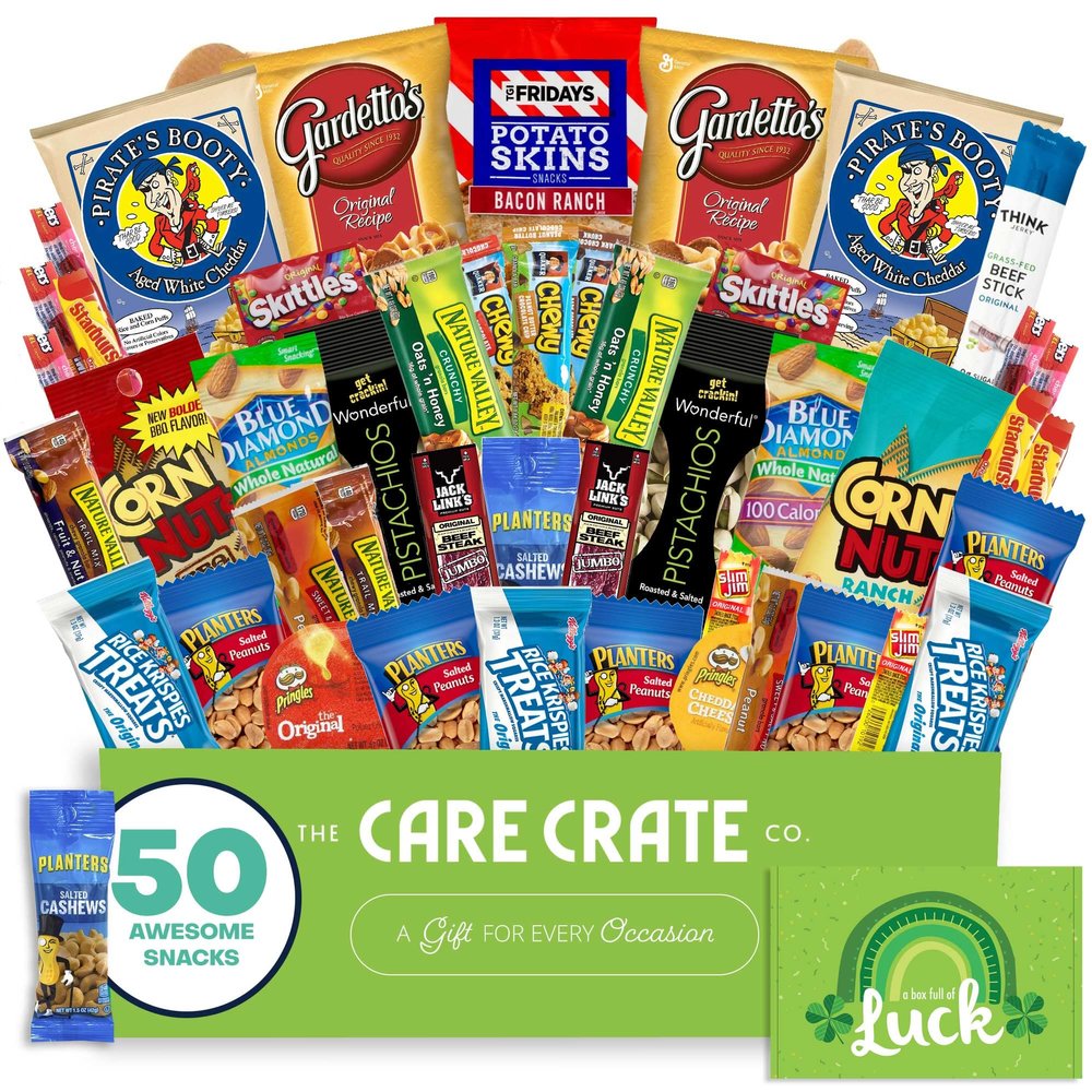 Men's St. Patrick's Day Hearty Snack Box (50 Piece Variety Gift Basket Care Package) Jerky, Nuts, Chips, Pretzels & More - The Care Crate Co.