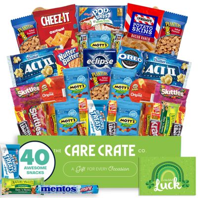 St. Patrick's Day Snack Box (40 Piece Variety Gift Basket Care Package) Peanuts, Candy, Chips, Granola Bars & More - The Care Crate Co.