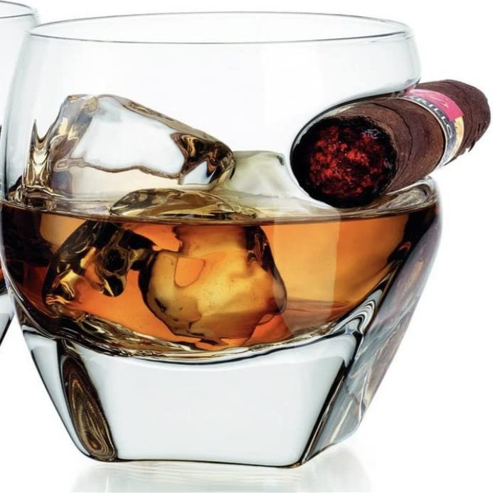 Cigar Whiskey Tumbler Old Fashioned Glass with Indent for Cigar - Set of 2