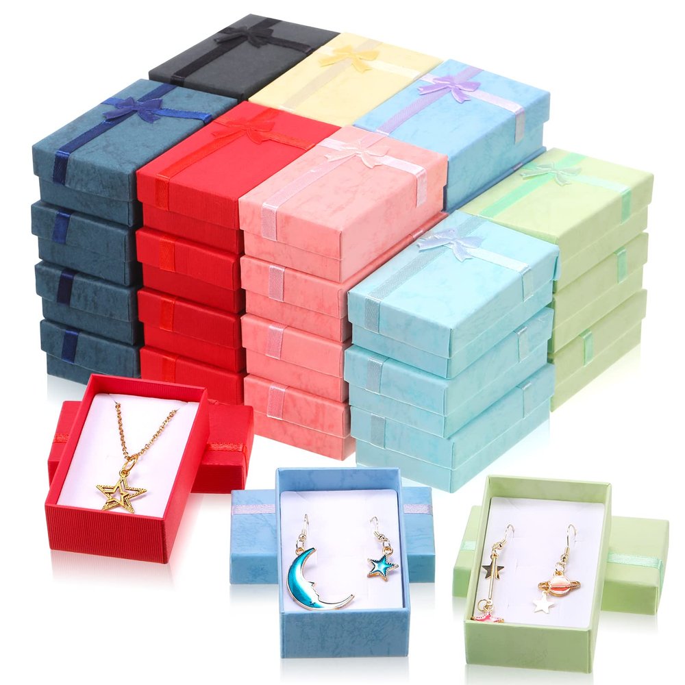 Batiyeer Jewelry Gift Boxes Set Empty Small Gift Cardboard Boxes for Jewelry Packaging with Ribbon Bowknot for Anniversaries Weddings Birthday, 8 Colors(96 Pcs)