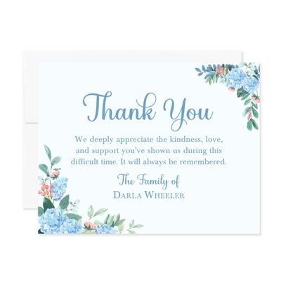 Hello Love Goods Blue Hydrangea Sympathy Thank You Cards, Floral Memorial Funeral Thank You Notes, 5.5x4.25 Flat Personalized Bereavement Note Cards with Envelopes
