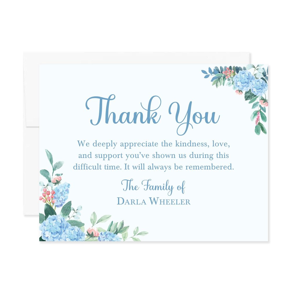 Hello Love Goods Blue Hydrangea Sympathy Thank You Cards, Floral Memorial Funeral Thank You Notes, 5.5x4.25 Flat Personalized Bereavement Note Cards with Envelopes