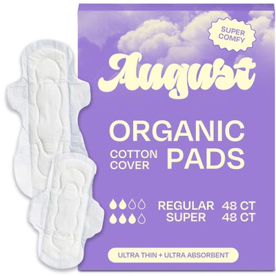 August Menstrual Day & Night Organic Cover Pads, 48-Pack Regular, 48-Pack Super Pads, Compostable Wrappers, Hypoallergenic Organic Cover Sanitary Napkins for Anyone Who Menstruates (6 Boxes of 16)