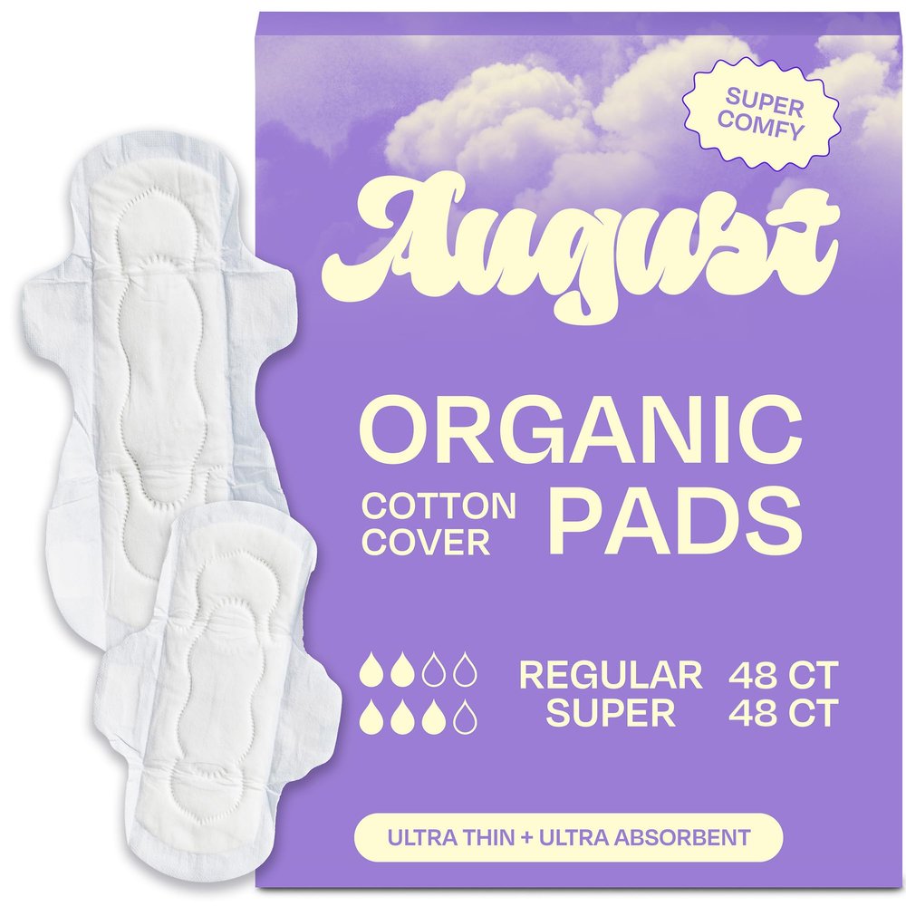 August Menstrual Day & Night Organic Cover Pads, 48-Pack Regular, 48-Pack Super Pads, Compostable Wrappers, Hypoallergenic Organic Cover Sanitary Napkins for Anyone Who Menstruates (6 Boxes of 16)