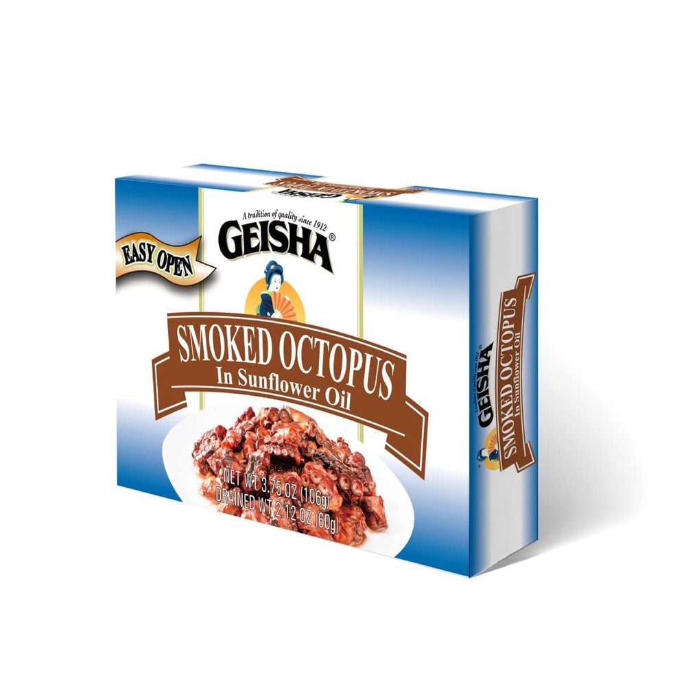 GEISHA Smoked Octopus in Sunflower Oil 3.75oz (Pack of 12), Octopus | Zero Sat &Trans Fat  Wild caught  No Preservatives & Food Additives - Gluten Free  Good Source of Protein  Less than 100 Kcal per container
