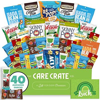 Allergy Friendly St. Patrick's Day Snack Box (40 Piece Gluten Free, Dairy Free, Vegan Variety Gift Basket Care Package) Popcorn, Pretzels, Fruit Strips, Fig Bars & More - The Care Crate Co.