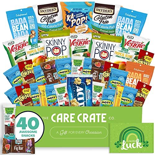 Allergy Friendly St. Patrick's Day Snack Box (40 Piece Gluten Free, Dairy Free, Vegan Variety Gift Basket Care Package) Popcorn, Pretzels, Fruit Strips, Fig Bars & More - The Care Crate Co.