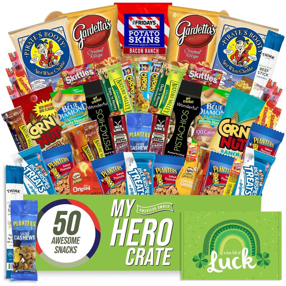 Military St. Patrick's Day - Men's Hearty Snack Box (50 Piece Variety Gift Basket Care Package) Jerky, Nuts, Chips, Pretzels & More - My Hero Crate