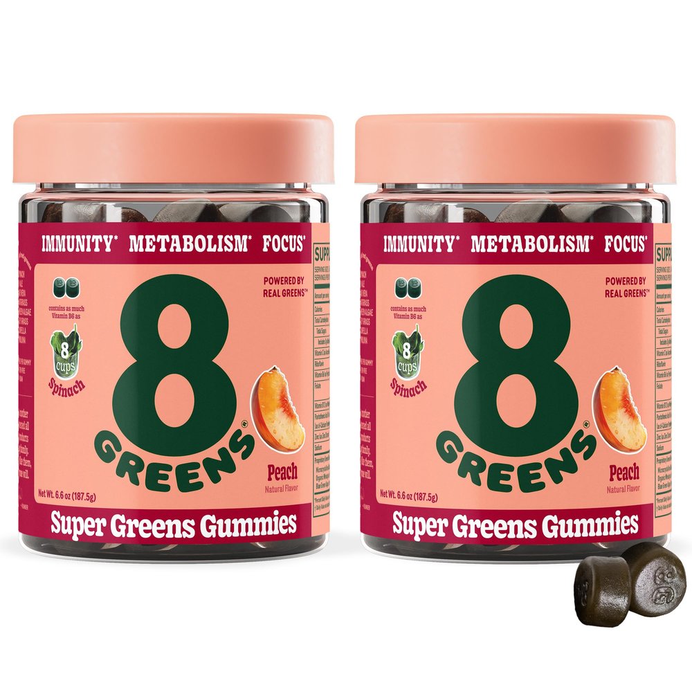 8Greens Supergreens Gummies | Superfood Gummy for Metabolism, Immunity & Focus, Digestive Health Enzymes, Organic: Chlorella, Spirulina, Aloe Vera, Peach Flavor, 100 Count