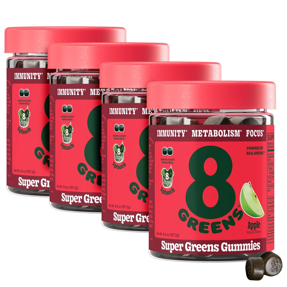 8Greens Supergreens Gummies | Super Greens Powder Superfood Gummy for Metabolism, Immunity & Focus, Digestive Health Enzymes, Organic: Chlorella, Spirulina, Aloe Vera, Apple Flavor, 200 Count