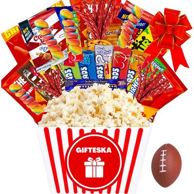 Movie Night Gift Basket -Popcorn Gift Set, with Snacks Candy & Popcorn, Theater Candy Box Variety Pack Full Size with Pop Bucket, Family Movie Night Gift Basket, Birthday, Date Night Kit - PREMIUM