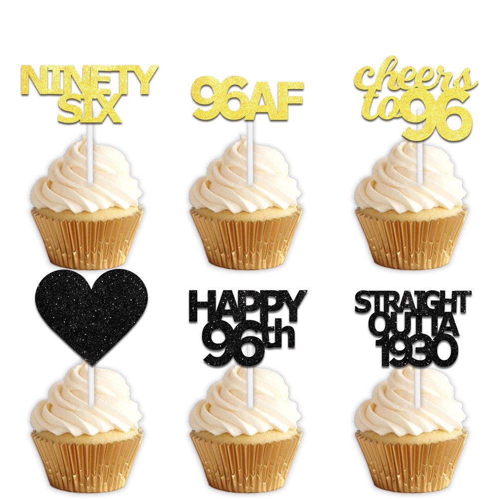 18pcs Black Gold Glitter Dessert Cupcake Pick for Straight Outta 1930 Cheer to 96 Years Old Theme Decor Supplies Happy 96th Birthday Party Decoration