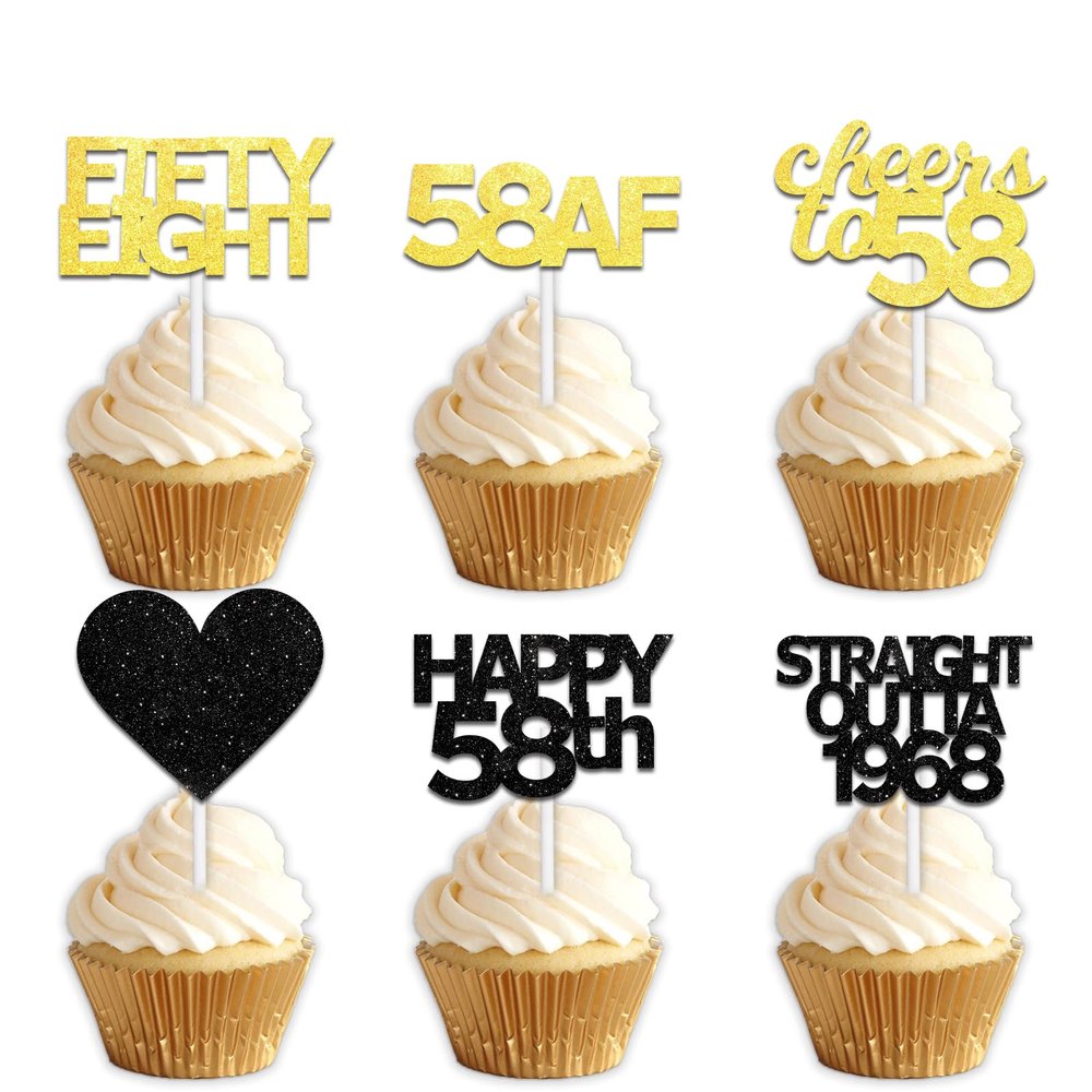 18pcs Black Gold Glitter Dessert Cupcake Pick for Straight Outta 1968 Cheer to 58 Years Old Theme Decor Supplies Happy 58th Birthday Party Decoration