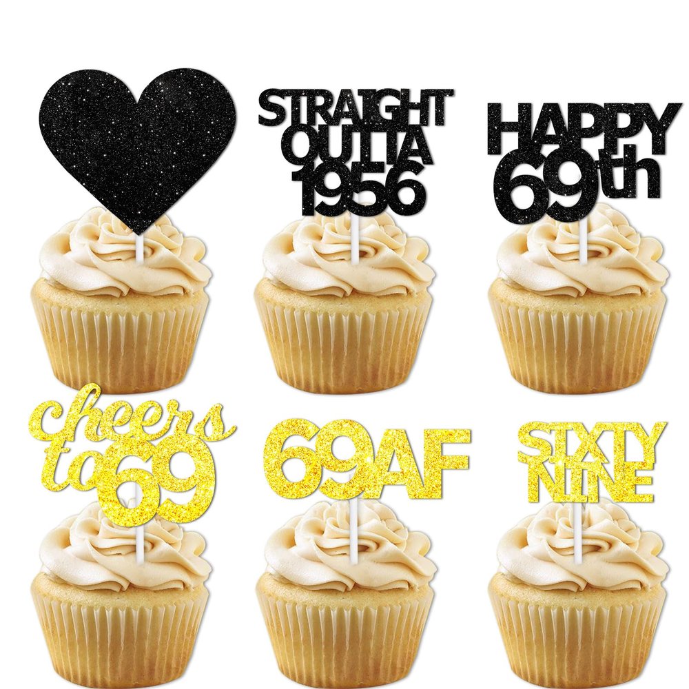 18pcs Black Gold Glitter Dessert Cupcake Pick for Straight Outta 1956 Cheer to 69 Years Old Theme Decor Supplies Happy 69th Birthday Party Decoration