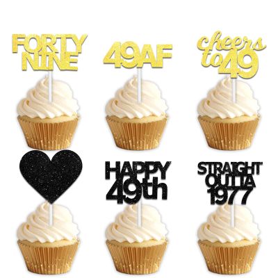 18pcs Black Gold Glitter Dessert Cupcake Pick for Straight Outta 1977 Cheer to 49 Years Old Theme Decor Supplies Happy 49th Birthday Party Decoration