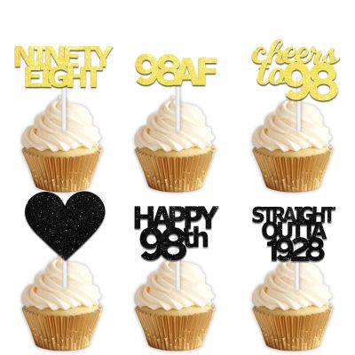 18pcs Black Gold Glitter Dessert Cupcake Pick for Straight Outta 1928 Cheer to 98 Years Old Theme Decor Supplies Happy 98th Birthday Party Decoration