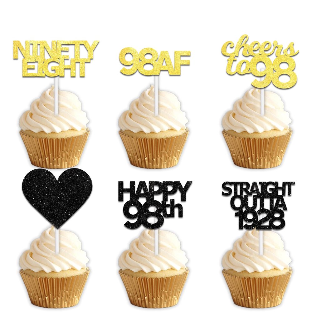 18pcs Black Gold Glitter Dessert Cupcake Pick for Straight Outta 1928 Cheer to 98 Years Old Theme Decor Supplies Happy 98th Birthday Party Decoration