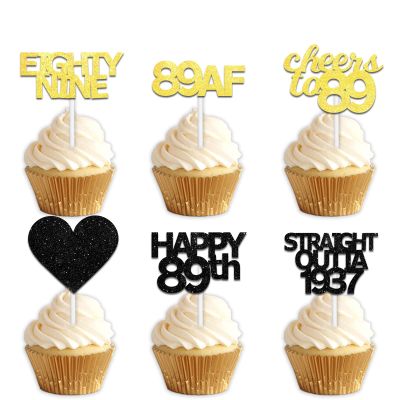 18pcs Black Gold Glitter Dessert Cupcake Pick for Straight Outta 1937 Cheer to 89 Years Old Theme Decor Supplies Happy 89th Birthday Party Decoration