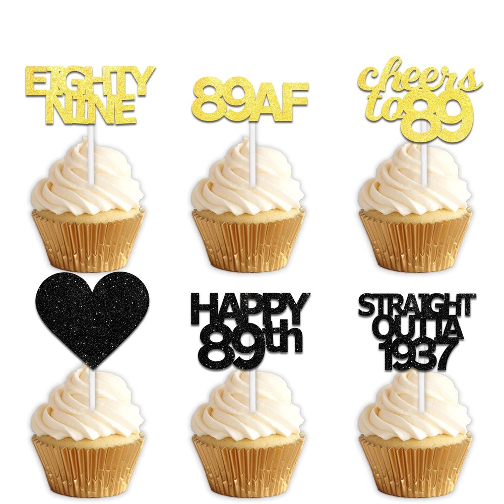 18pcs Black Gold Glitter Dessert Cupcake Pick for Straight Outta 1937 Cheer to 89 Years Old Theme Decor Supplies Happy 89th Birthday Party Decoration