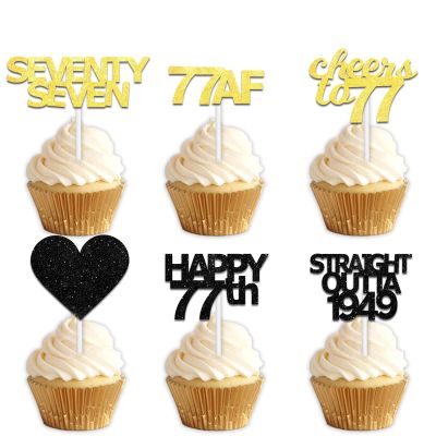 18pcs Black Gold Glitter Dessert Cupcake Pick for Straight Outta 1949 Cheer to 77 Years Old Theme Decor Supplies Happy 77th Birthday Party Decoration