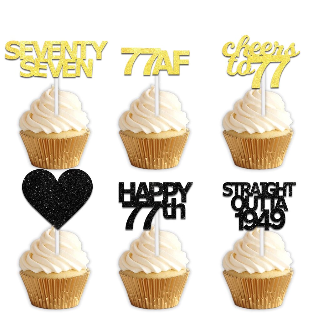 18pcs Black Gold Glitter Dessert Cupcake Pick for Straight Outta 1949 Cheer to 77 Years Old Theme Decor Supplies Happy 77th Birthday Party Decoration