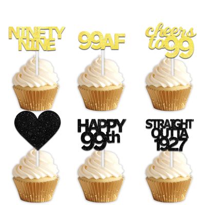 18pcs Black Gold Glitter Dessert Cupcake Pick for Straight Outta 1927 Cheer to 99 Years Old Theme Decor Supplies Happy 99th Birthday Party Decoration