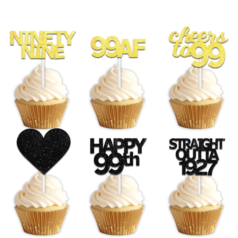 18pcs Black Gold Glitter Dessert Cupcake Pick for Straight Outta 1927 Cheer to 99 Years Old Theme Decor Supplies Happy 99th Birthday Party Decoration
