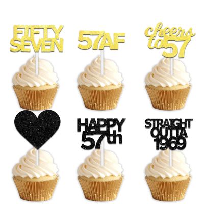 18pcs Black Gold Glitter Dessert Cupcake Pick for Straight Outta 1969 Cheer to 57 Years Old Theme Decor Supplies Happy 57th Birthday Party Decoration