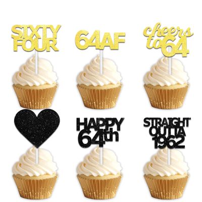 18pcs Black Gold Glitter Dessert Cupcake Pick for Straight Outta 1962 Cheer to 64 Years Old Theme Decor Supplies Happy 64th Birthday Party Decoration