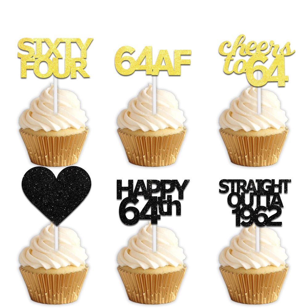 18pcs Black Gold Glitter Dessert Cupcake Pick for Straight Outta 1962 Cheer to 64 Years Old Theme Decor Supplies Happy 64th Birthday Party Decoration
