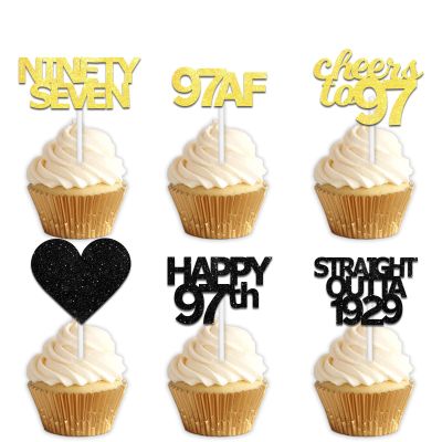 18pcs Black Gold Glitter Dessert Cupcake Pick for Straight Outta 1929 Cheer to 97 Years Old Theme Decor Supplies Happy 97th Birthday Party Decoration