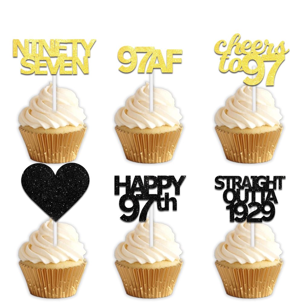 18pcs Black Gold Glitter Dessert Cupcake Pick for Straight Outta 1929 Cheer to 97 Years Old Theme Decor Supplies Happy 97th Birthday Party Decoration