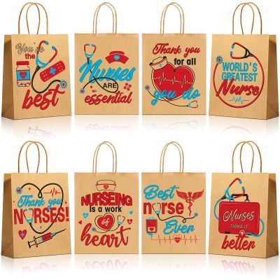 24pcs Nurses Week Gift Bulk Bags, Thank You Nurse Craft Paper Gift Bags, Best Nurse Ever Brown Goodies Bags With 8 Patterns for Nurses Week Nursing Day Medical RN Graduation Party Supplies 9 x 7 x 3