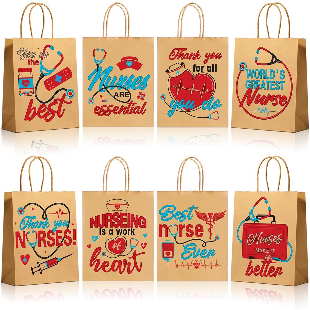 24pcs Nurses Week Gift Bulk Bags, Thank You Nurse Craft Paper Gift Bags, Best Nurse Ever Brown Goodies Bags With 8 Patterns for Nurses Week Nursing Day Medical RN Graduation Party Supplies 9 x 7 x 3
