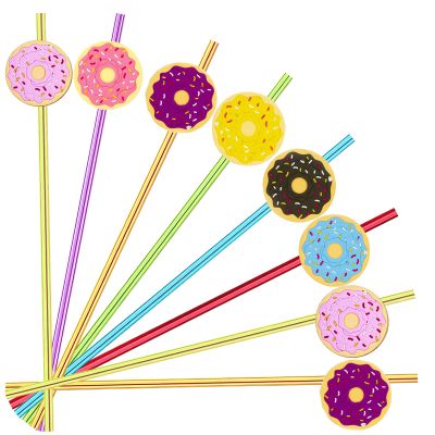 24pcs Reusable Donut Crazy Rainbow Straws for Birthday Party Supplies Party Decorations Party Favor with 2 Cleaning Brushes 6 Colors Straws