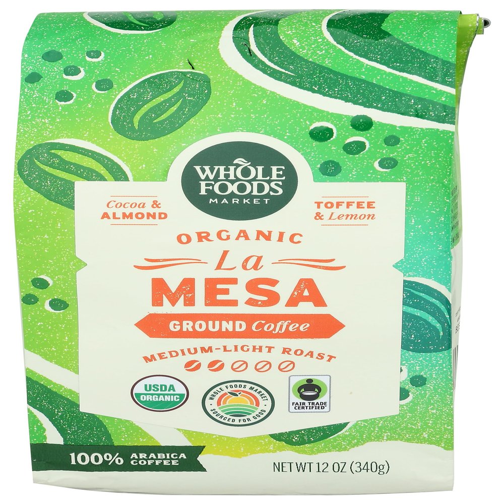 Whole Foods Market, Organic La Mesa Medium-Light Roast Ground Coffee, Cocoa, Almond, Toffee & Lemon, 12 Ounce