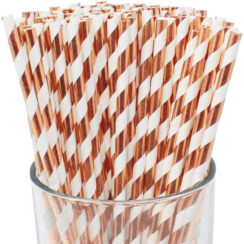 500 pcs Party Paper Drinking Straws Bulk, Glitter Holiday Restaurant Coffee Cocktail Juice Bar Kids Baby Bridal Shower Wedding Birthday Craft Lollipop Cake Pop Sticks (Rose Gold Foil Stripe)