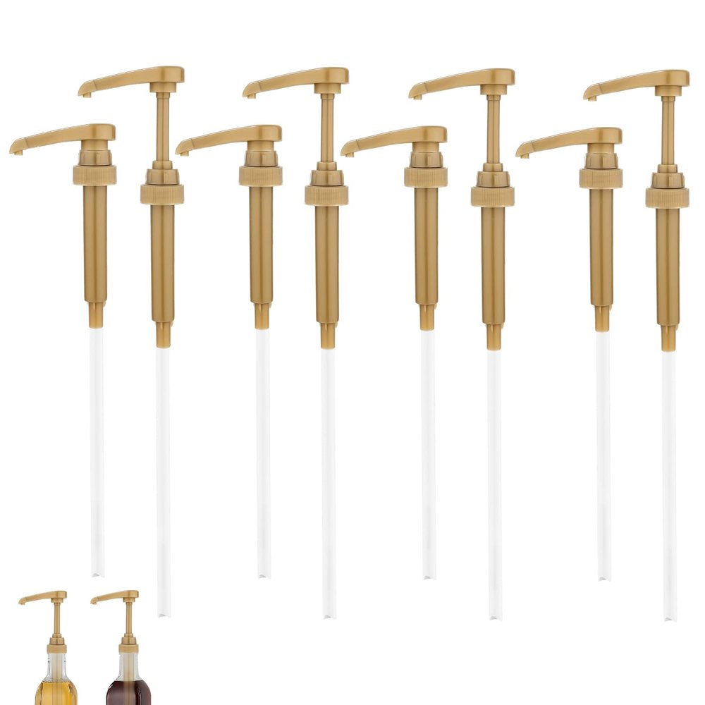 8 Pack Coffee Syrup Pumps, Fits Most 750ml Bottles (Torani, Davinci, Matteo, Jordan's) - No Dripping, Gold