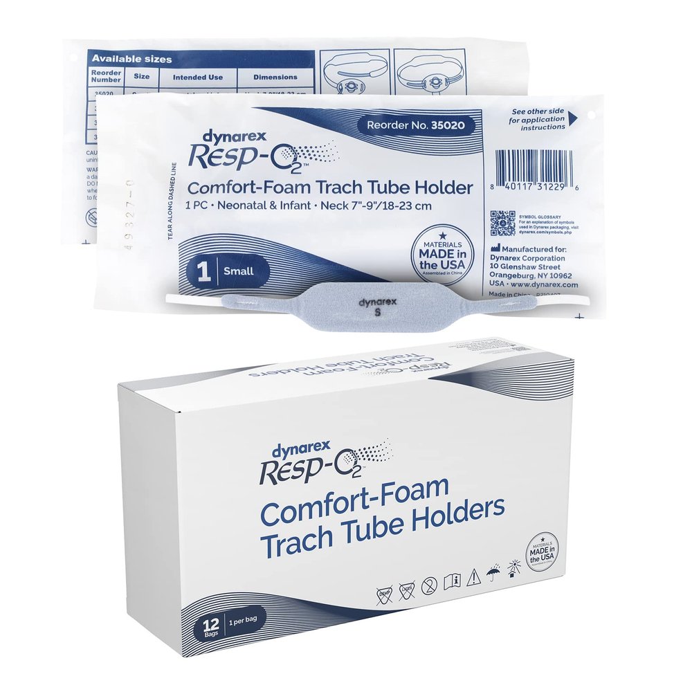 Dynarex Comfort-Foam Tracheostomy Tube Holder - with Soft Foam Tube Padding & Secure Hook & Loop Closure, Supports & Stabilizes Airflow - Tracheostomy Supplies - Box of 12 (Small)