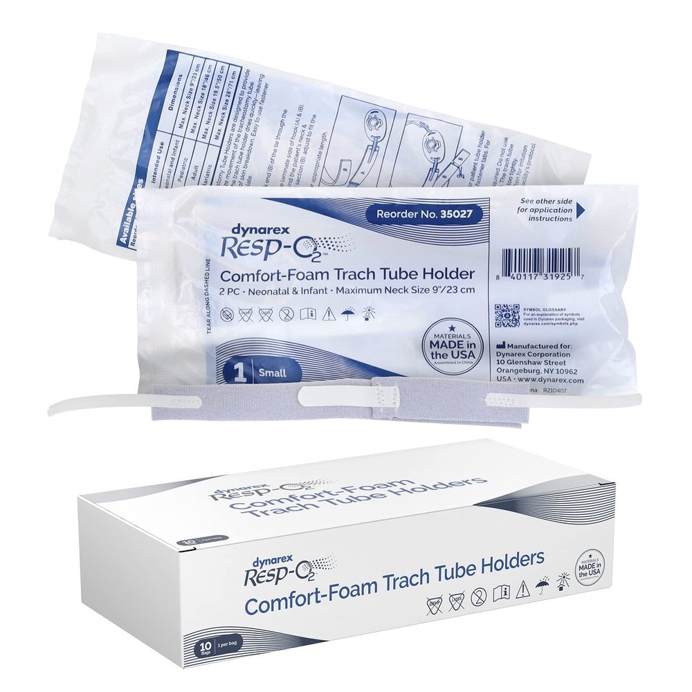 Dynarex Comfort-Foam Tracheostomy Tube Holder - with Soft Foam Tube Padding & Secure Hook & Loop Closure, Supports & Stabilizes Airflow - Tracheostomy Supplies - 2 Piece, Small, Box of 10
