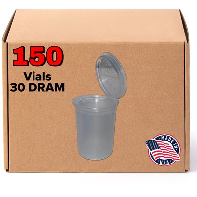 Evo Plastics 150 Clear Vials - 30 DRAM Pop Top Bottle - Airtight Containers - BPA Free Medical Grade Plastic Prescription Bottles for Storage, Wholesale Bulk Pack